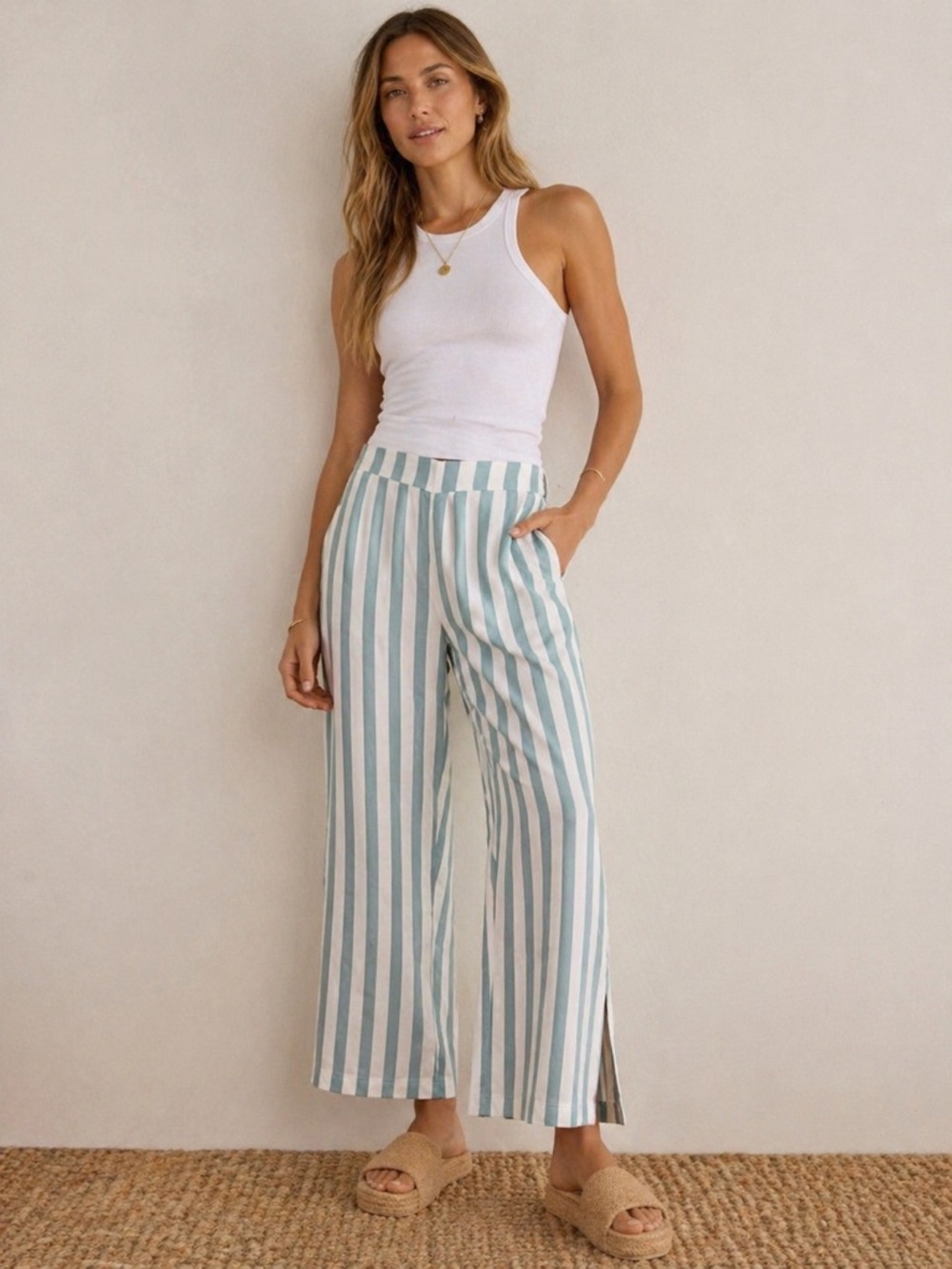 Known Supply Emory Striped Wide Leg Pants NWT Medium Turquoise Blue White